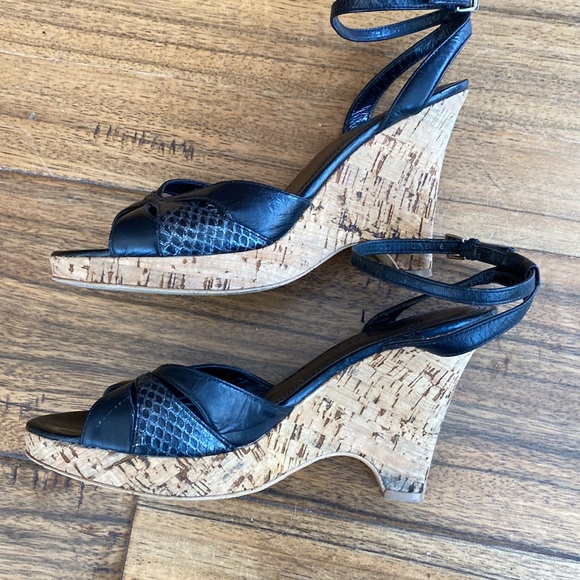 Black Franco Sarto’s in size 7.5 leather upper with cork wedge heels. - Picture 5 of 8